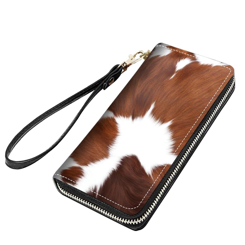 8865 Brown Cow Print Print Large Capacity PU Leather Zip Around Wallet